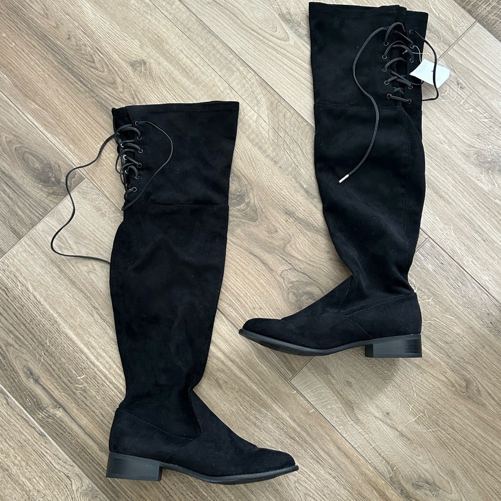 New With Tags - Over-the-Knee Lace-Back Black Suede Boots - Women's